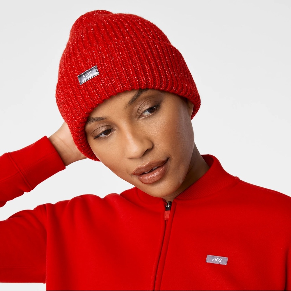 FIGS Red Ribbed Fold-Over Beanie - Picture 6 of 8